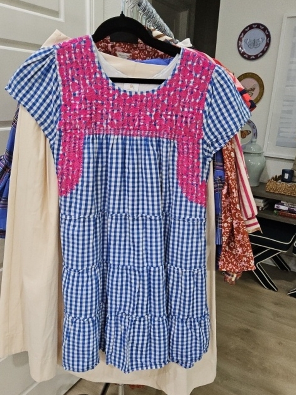 Blue Gingham Casual Dress with Pink Embroidered Yoke